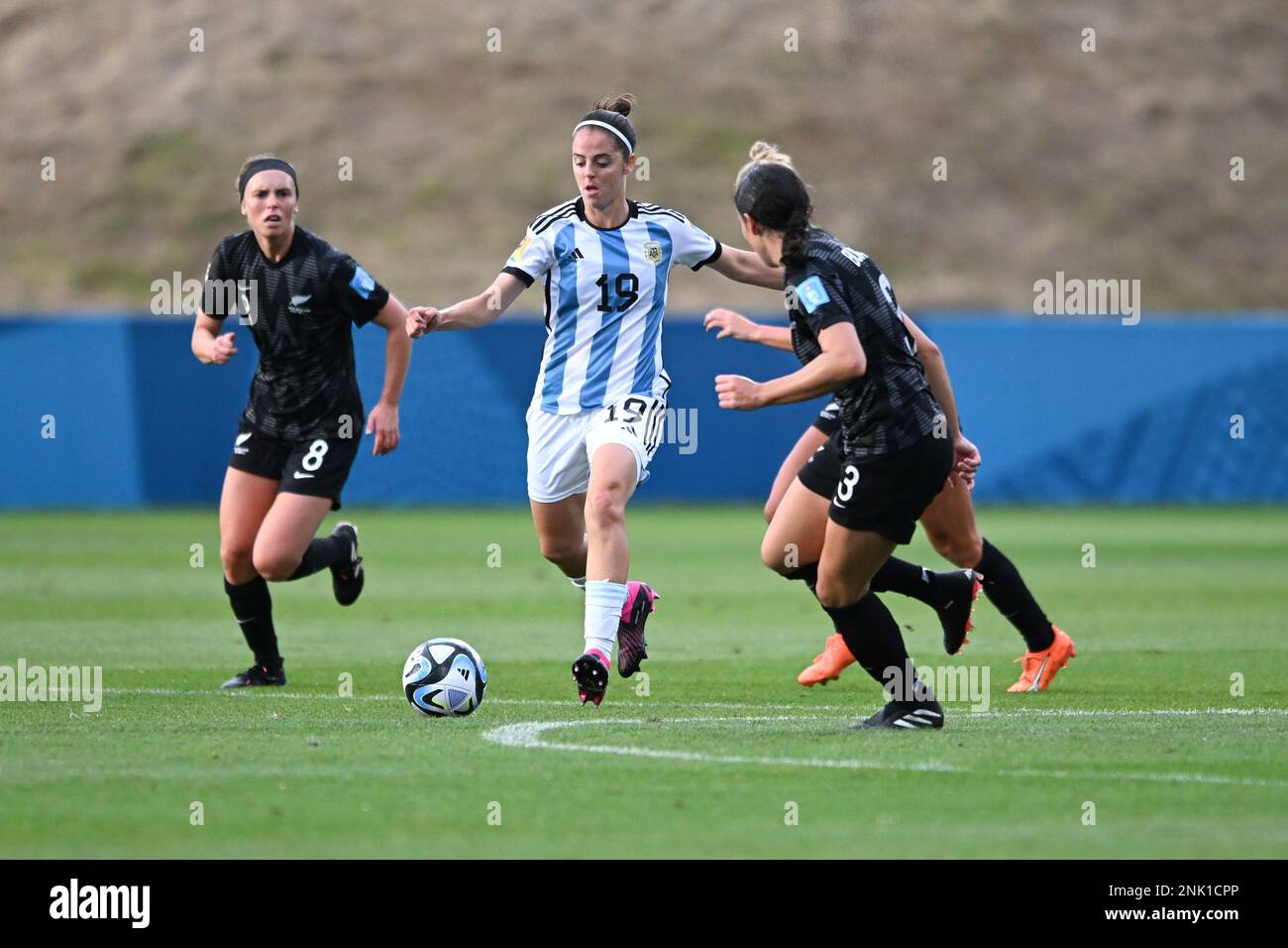 Auckland, New Zealand. 23rd Feb, 2023. Mariana Larroquette (L) of Argentina National Women's soccer team and Claudia Bunge (R) of New Zealand National Women's soccer teamin action during the FIFA Women's World Cup 2023 friendly game between Argentina and New Zealand held at the North Harbour Stadium. Final score: Argentina 1:0 New Zealand. Credit: SOPA Images Limited/Alamy Live News Stock Photo