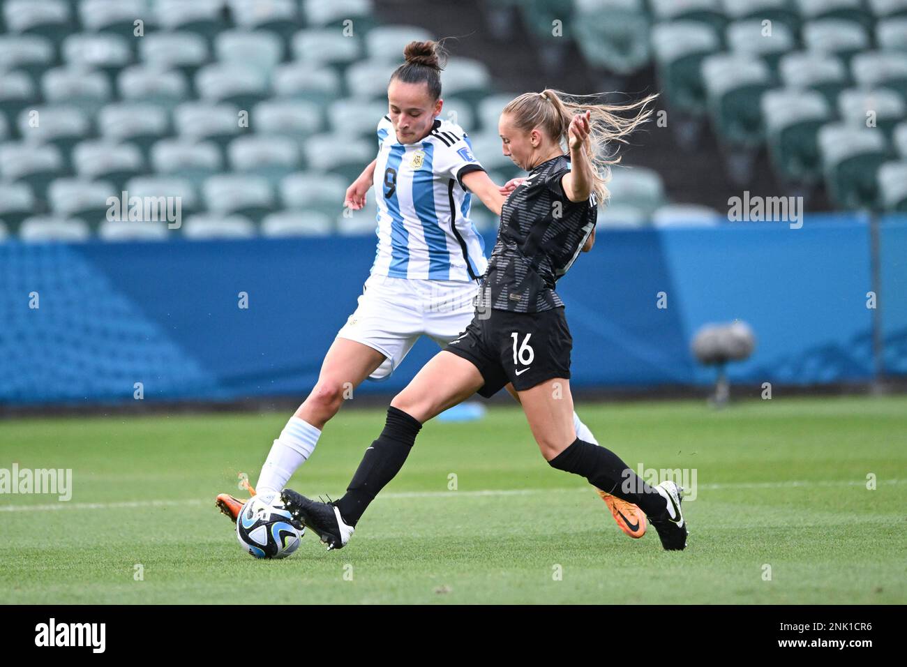 Auckland, New Zealand. 23rd Feb, 2023. Paulina Gramaglia (L) of Argentina National Women's soccer team and Grace Neville (R) of New Zealand National Women's soccer team in action during the FIFA Women's World Cup 2023 friendly game between Argentina and New Zealand held at the North Harbour Stadium. Final score: Argentina 1:0 New Zealand. Credit: SOPA Images Limited/Alamy Live News Stock Photo