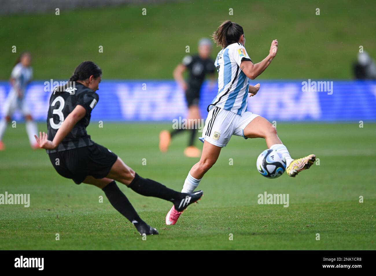 Auckland, New Zealand. 23rd Feb, 2023. Claudia Bunge (L) of New Zealand National Women's soccer team and Romina Nunez (R) of Argentina National Women's soccer team in action during the FIFA Women's World Cup 2023 friendly game between Argentina and New Zealand held at the North Harbour Stadium. Final score: Argentina 1:0 New Zealand. Credit: SOPA Images Limited/Alamy Live News Stock Photo