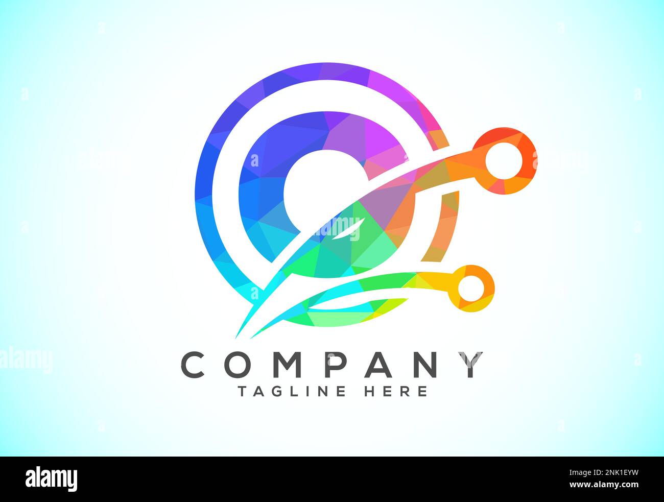 Polygonal low poly O alphabet in a circle with technology sign symbol ...
