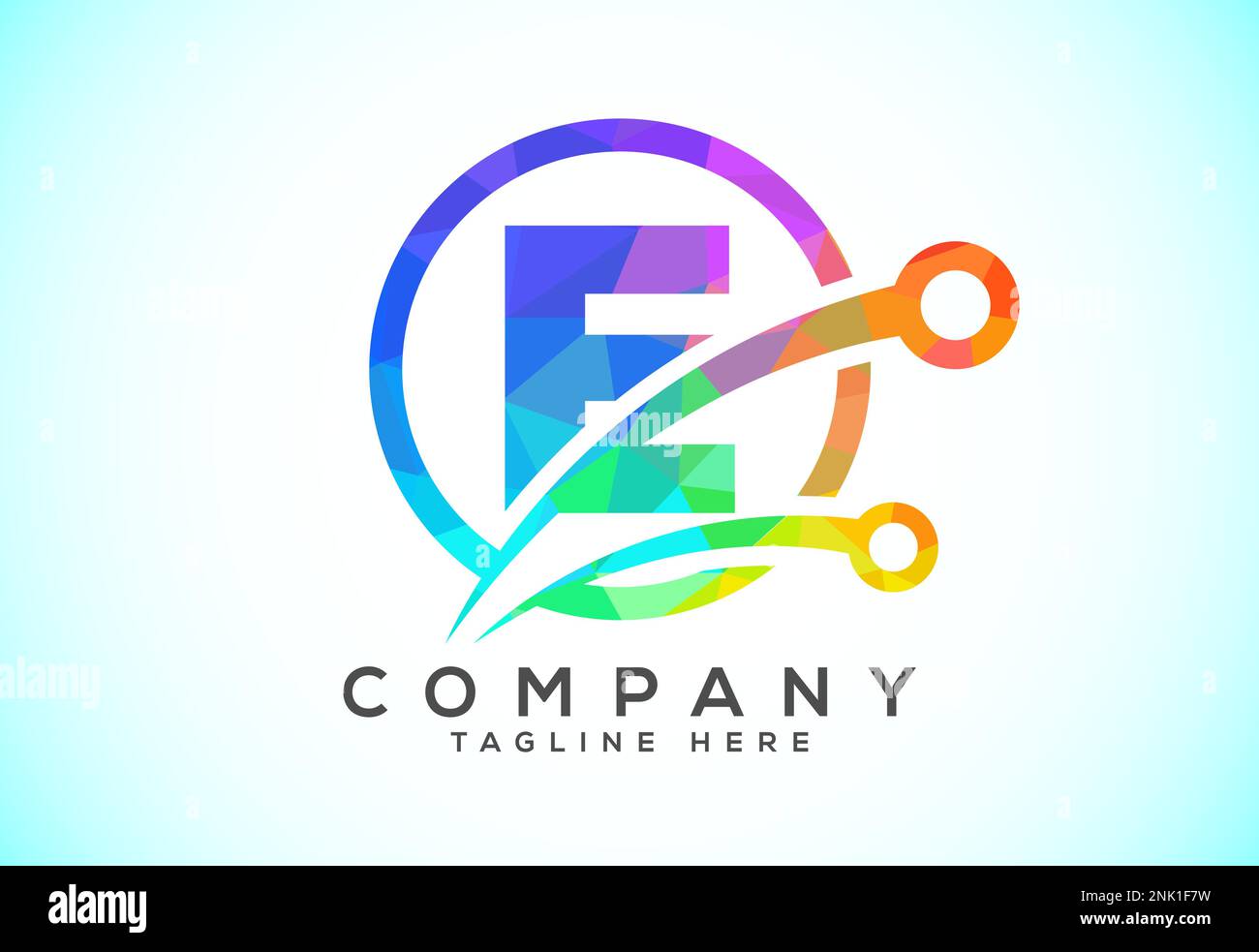 Polygonal low poly E alphabet in a circle with technology sign symbol ...