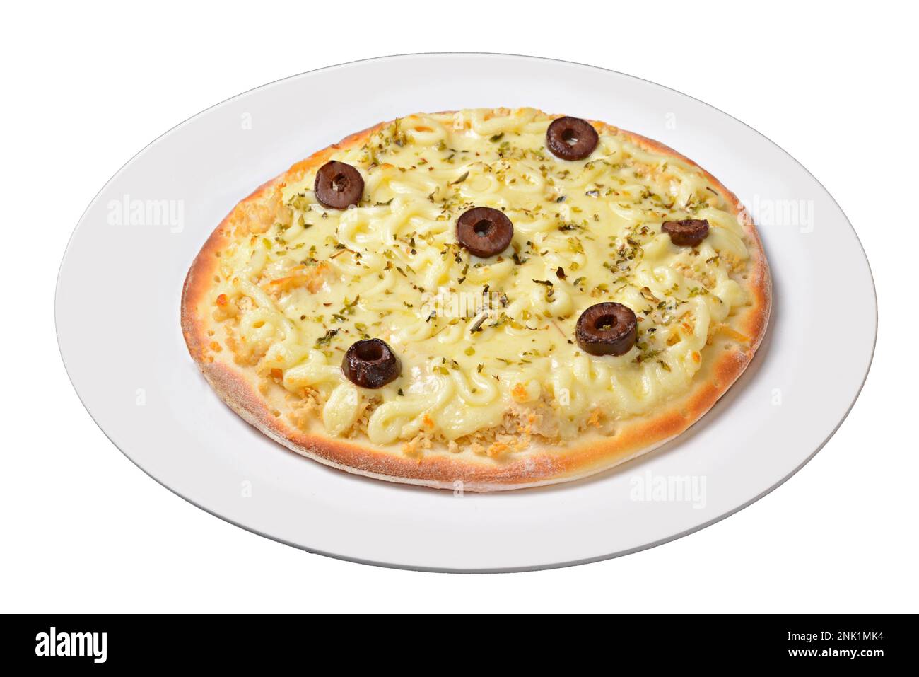 Pizza. Small chicken pizza with catupiry cheese on white plate isolated