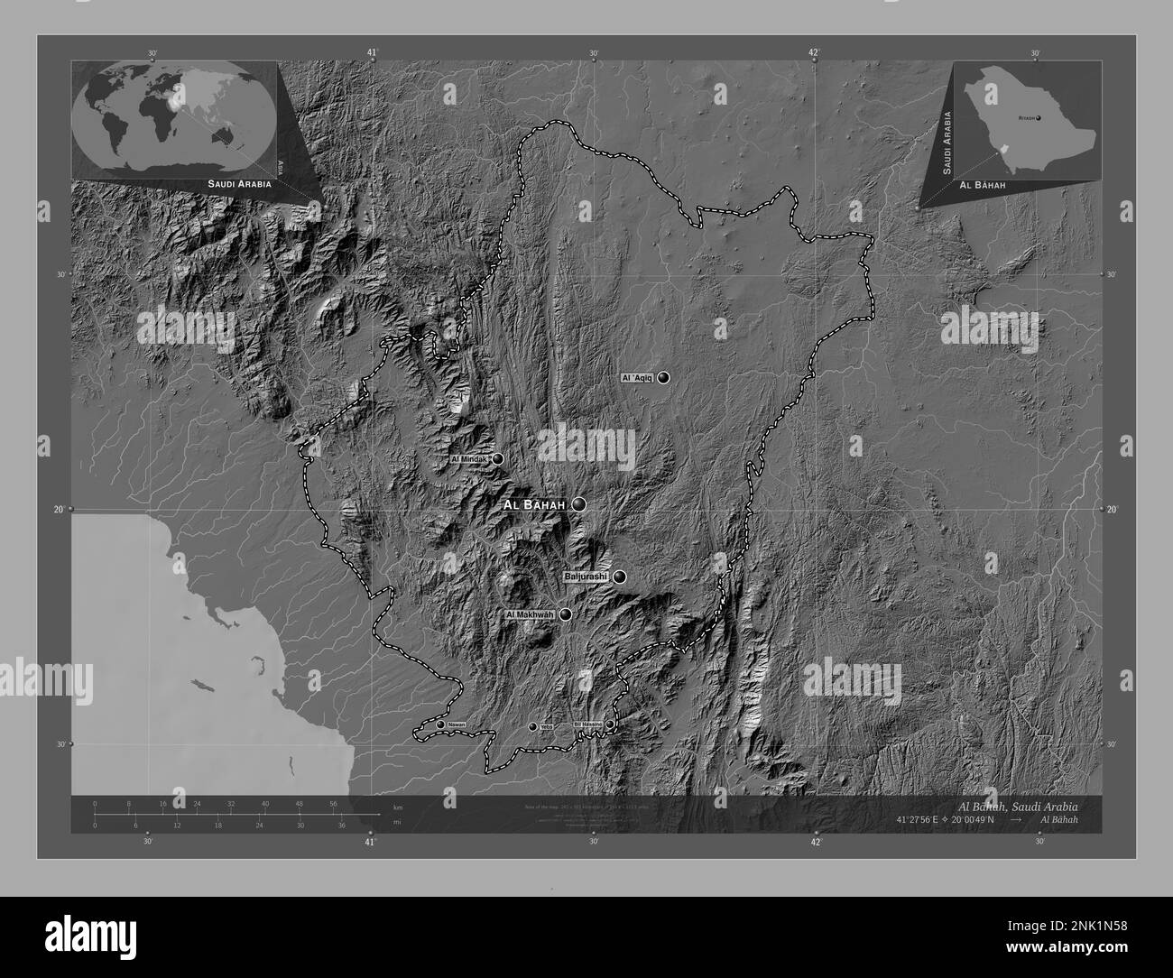 Al Bahah, region of Saudi Arabia. Bilevel elevation map with lakes and rivers. Locations and names of major cities of the region. Corner auxiliary loc Stock Photo