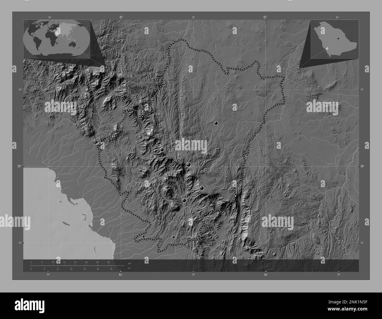 Al Bahah, region of Saudi Arabia. Bilevel elevation map with lakes and rivers. Locations of major cities of the region. Corner auxiliary location maps Stock Photo