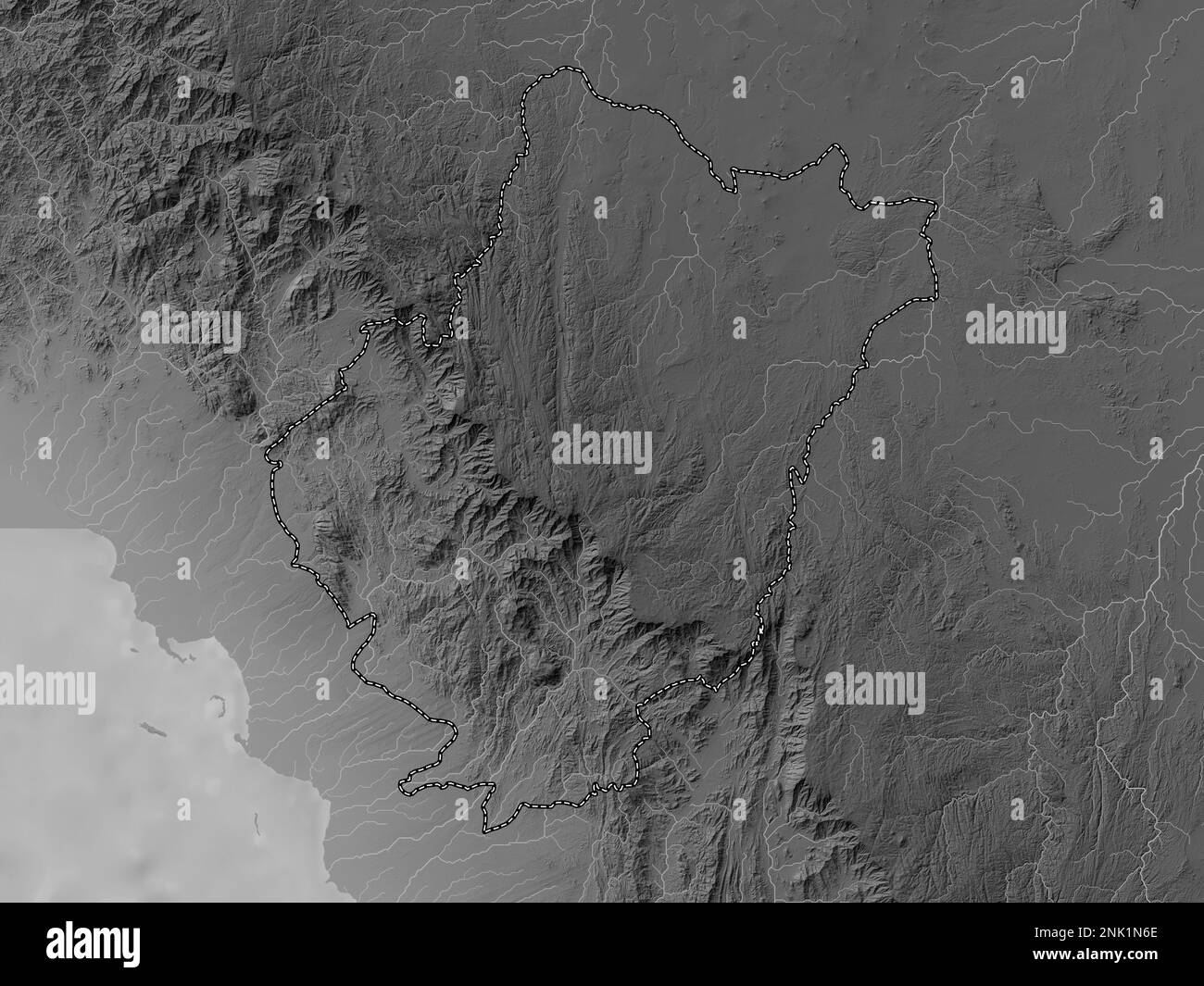 Al Bahah, region of Saudi Arabia. Grayscale elevation map with lakes and rivers Stock Photo