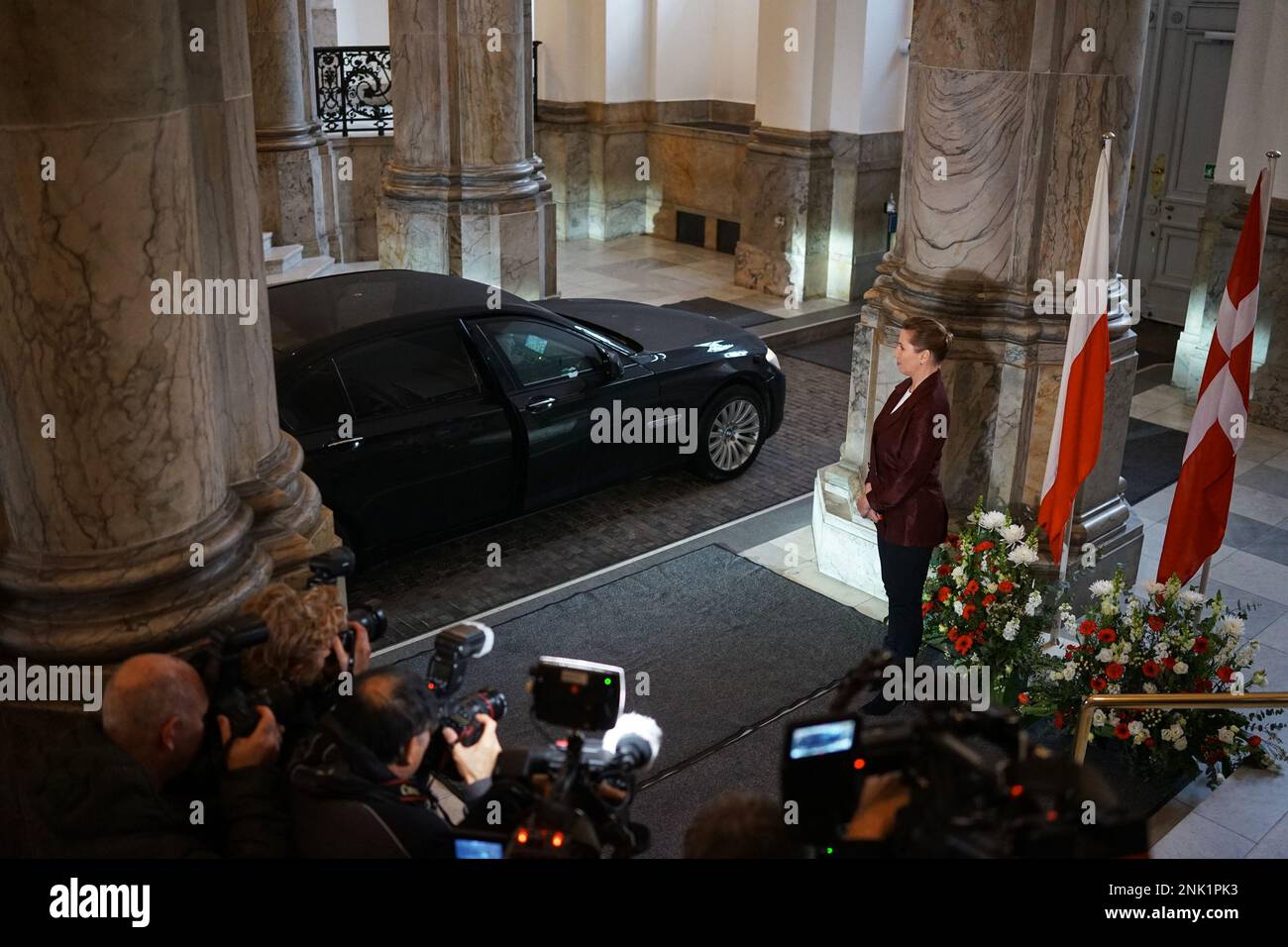 Denmark / Copenhagen  -  23/02/2023, Thibault Savary / Le Pictorium -  Polish PM in Denmark for a meeting with Danish PM Mette Frederiksen regarding the first year of war in Ukraine. -  23/2/2023  -  Denmark / Copenhagen  -  Danish PM Mette Frederiksen is welcoming Polish PM Mateusz Morawiecki in Christiansborg for a meeting regarding the first year of the conflict in Ukraine. Stock Photo