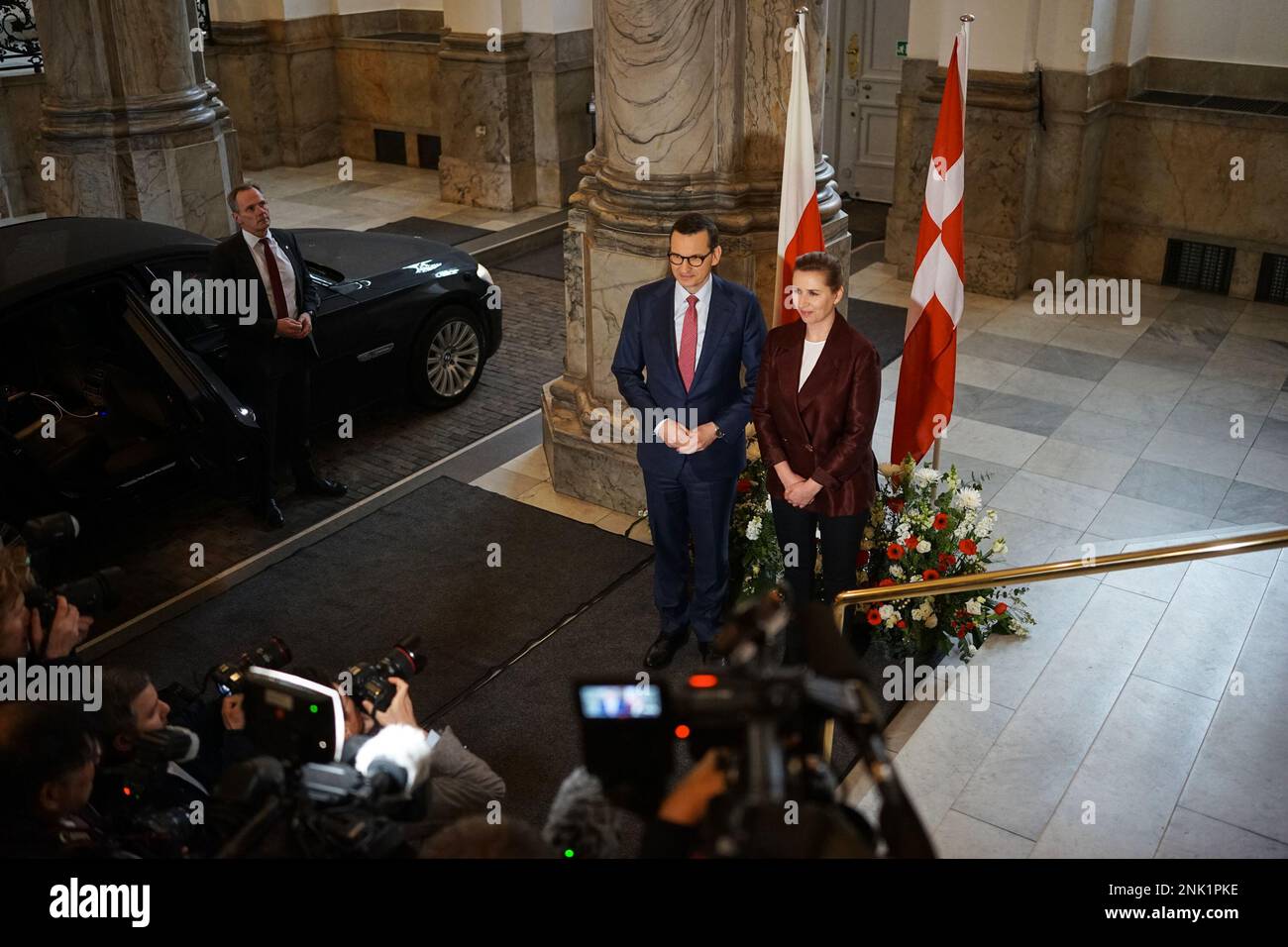 Denmark / Copenhagen  -  23/02/2023, Thibault Savary / Le Pictorium -  Polish PM in Denmark for a meeting with Danish PM Mette Frederiksen regarding the first year of war in Ukraine. -  23/2/2023  -  Denmark / Copenhagen  -  Danish PM Mette Frederiksen is welcoming Polish PM Mateusz Morawiecki in Christiansborg for a meeting regarding the first year of the conflict in Ukraine. Stock Photo