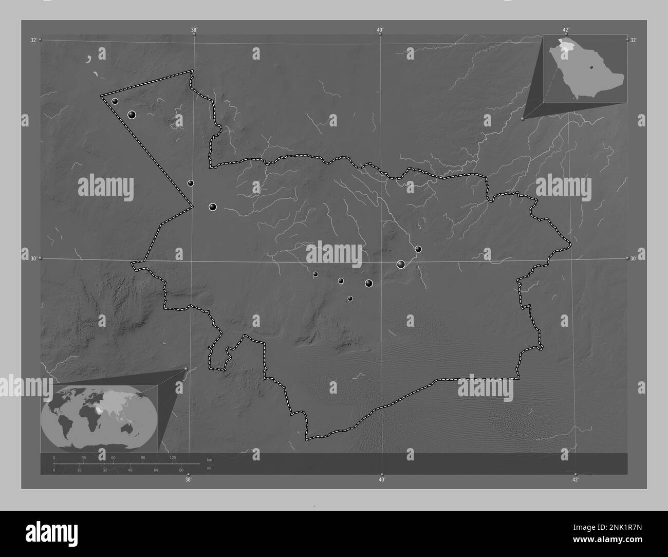 Al Jawf, region of Saudi Arabia. Grayscale elevation map with lakes and rivers. Locations of major cities of the region. Corner auxiliary location map Stock Photo