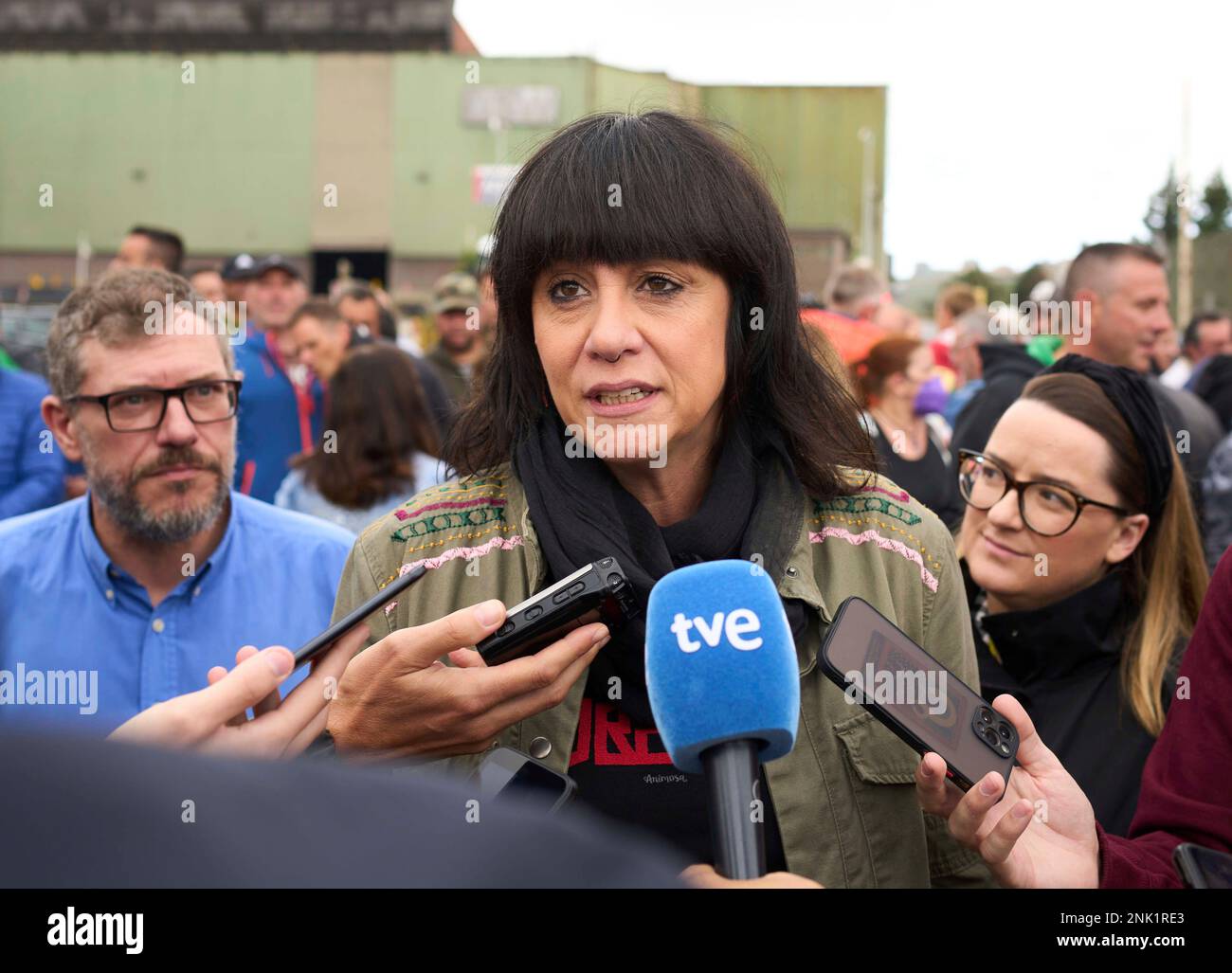 The secretary general of the CCOO State Federation of Industry, Garbiñe  Espejo, speaks to the media in front of the Global Steel Wire (GSW), on  June 9, 2022, in Santander, Cantabria (Spain).