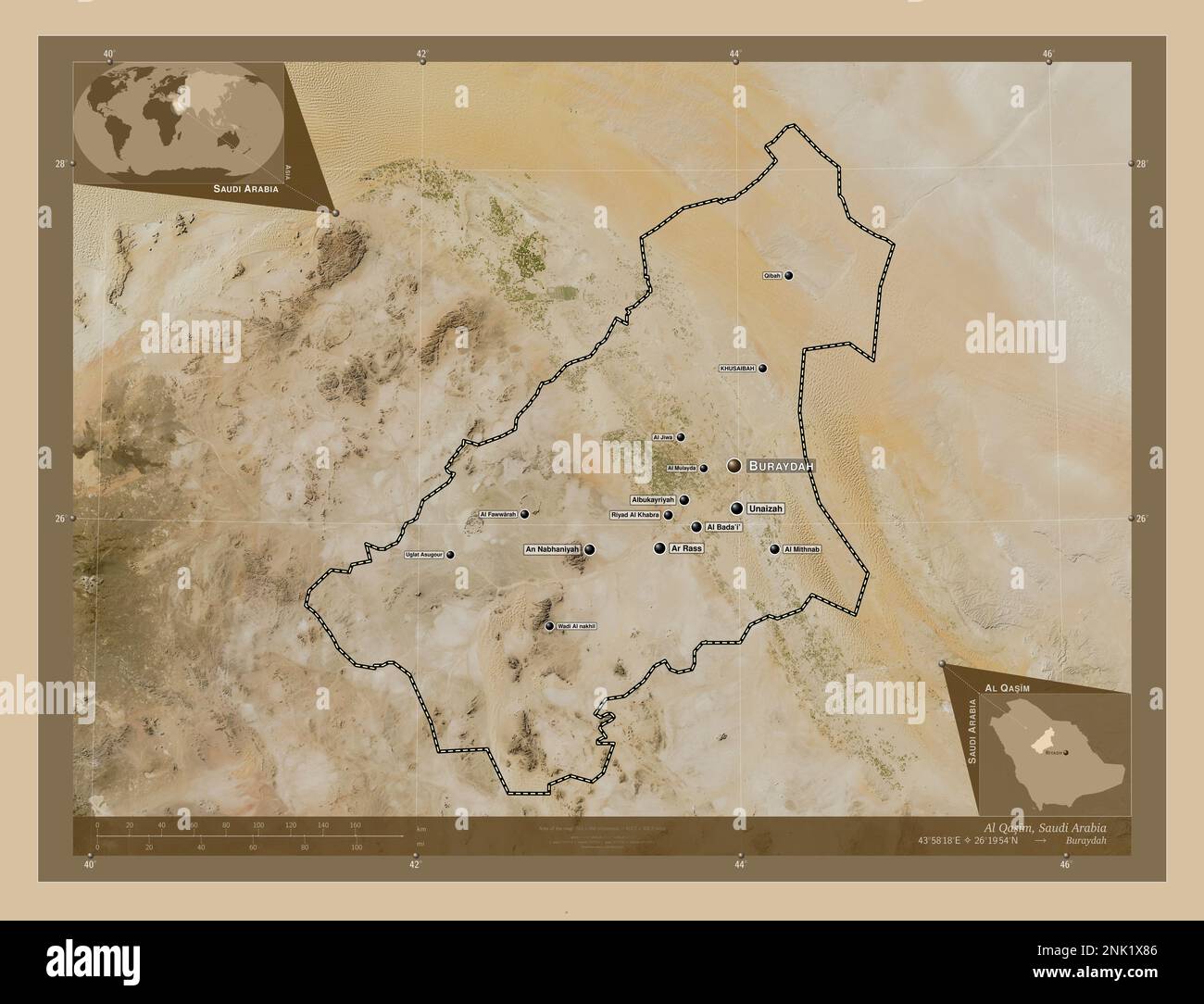 Al Qasim, region of Saudi Arabia. Low resolution satellite map