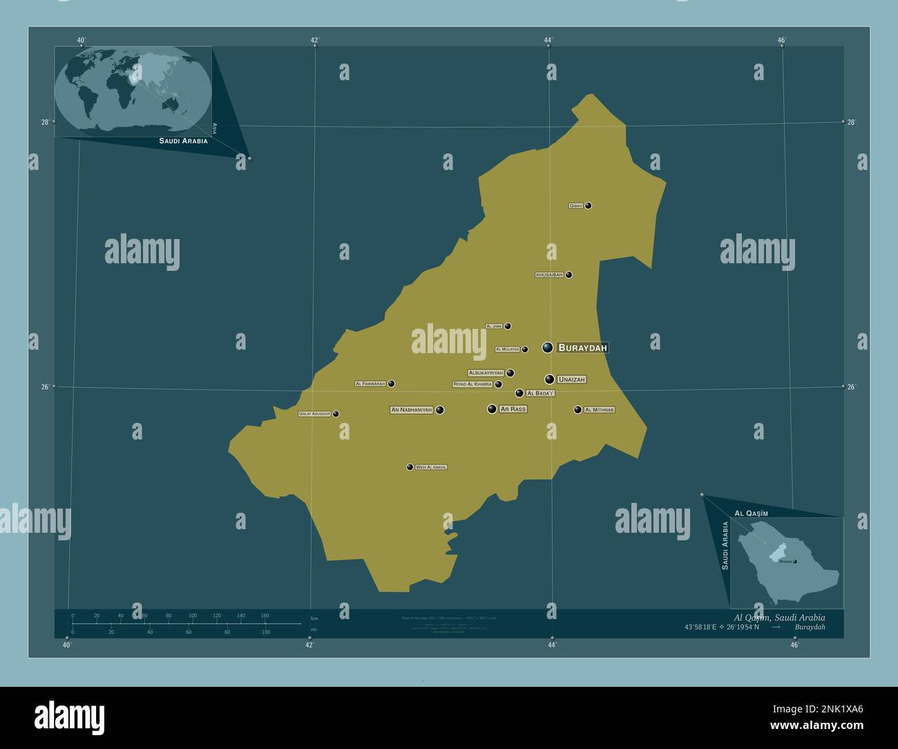 Al Qasim, region of Saudi Arabia. Solid color shape. Locations and