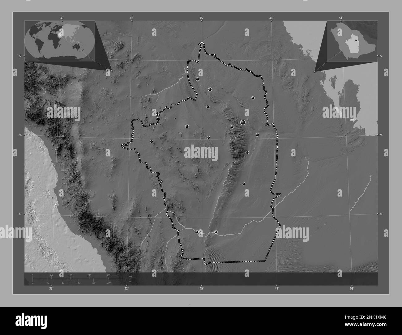 Ar Riyad, region of Saudi Arabia. Bilevel elevation map with lakes and rivers. Locations of major cities of the region. Corner auxiliary location maps Stock Photo