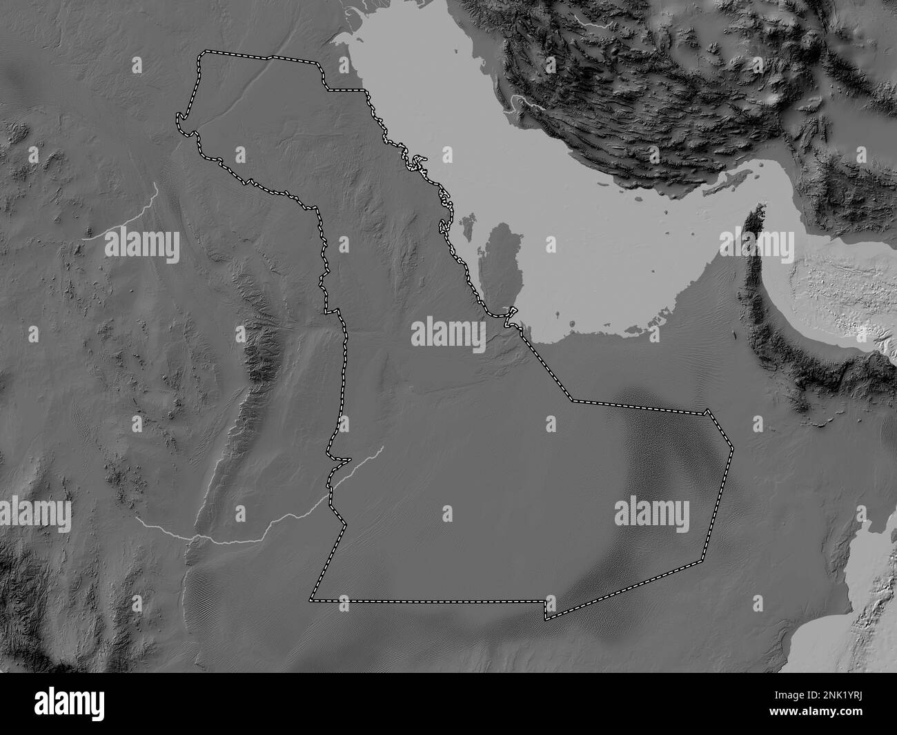 Ash Sharqiyah, region of Saudi Arabia. Bilevel elevation map with lakes and rivers Stock Photo