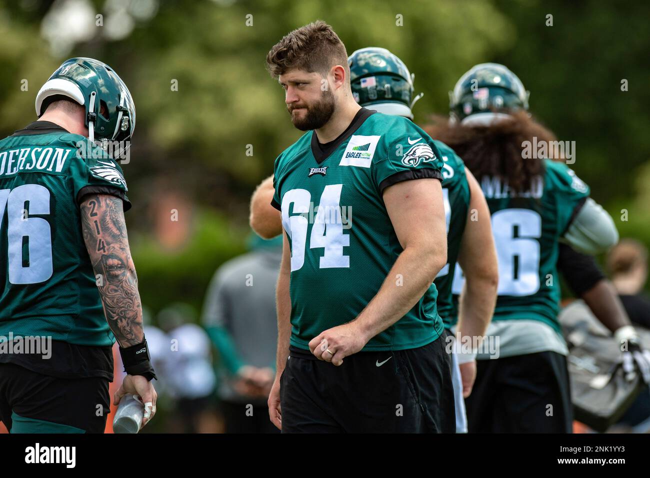 PHILADELPHIA, PA - JUNE 08: Philadelphia Eagles offensive lineman Brett  Toth (64) participates in a drill during OTA offseason workouts on June 8,  2022 at Novacare Complex in Philadelphia, PA (Photo by