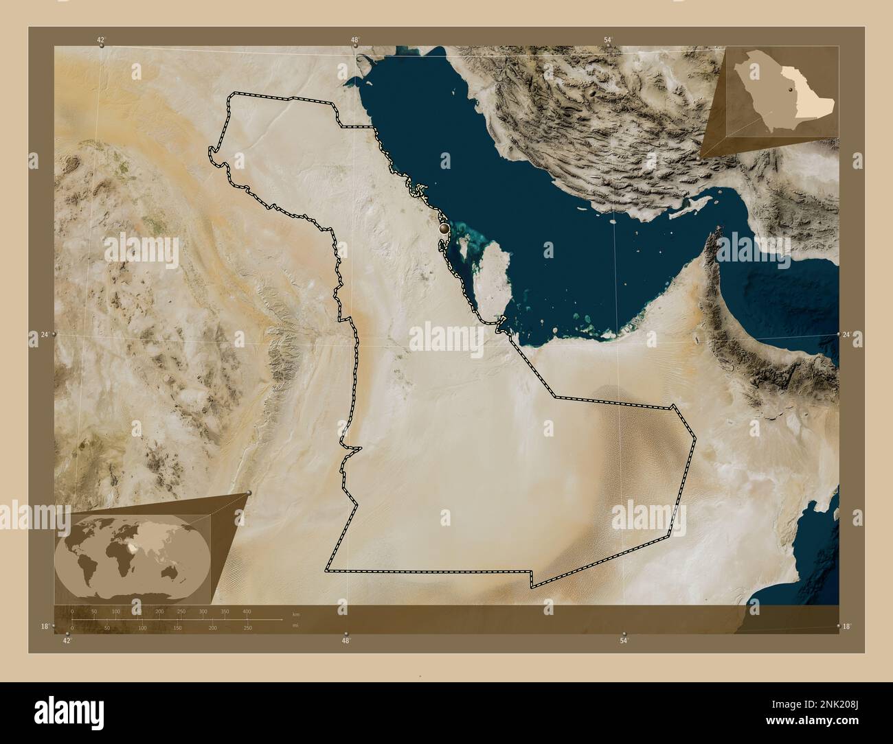 Ash Sharqiyah, region of Saudi Arabia. Low resolution satellite map. Corner auxiliary location maps Stock Photo