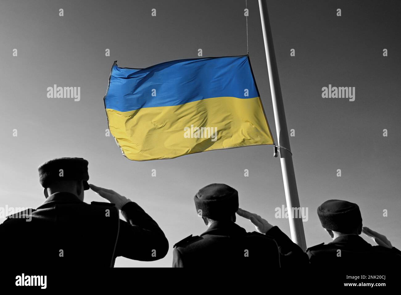 Ukrainian soldiers giving salute. Flag of Ukraine. Armed Forces of Ukraine. Ukrainian army. Stock Photo