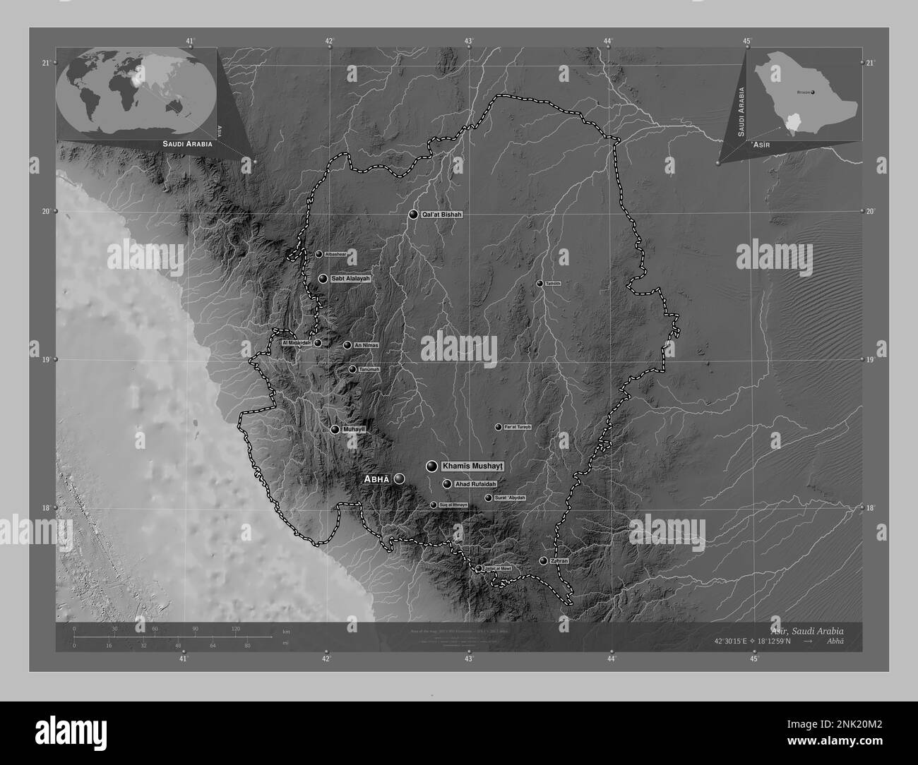 'Asir, region of Saudi Arabia. Grayscale elevation map with lakes and rivers. Locations and names of major cities of the region. Corner auxiliary loca Stock Photo