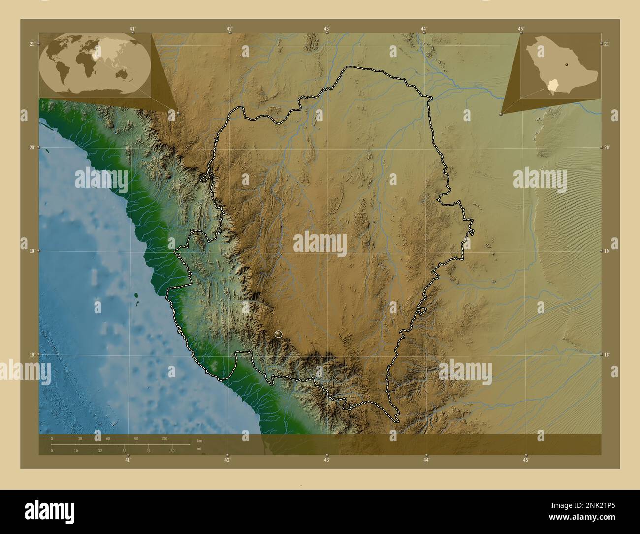 Asir Region Of Saudi Arabia Colored Elevation Map With Lakes And Asir Region Of Saudi Arabia Colored Elevation Map With Lakes And Rivers Corner Auxiliary Location Maps 2NK21P5