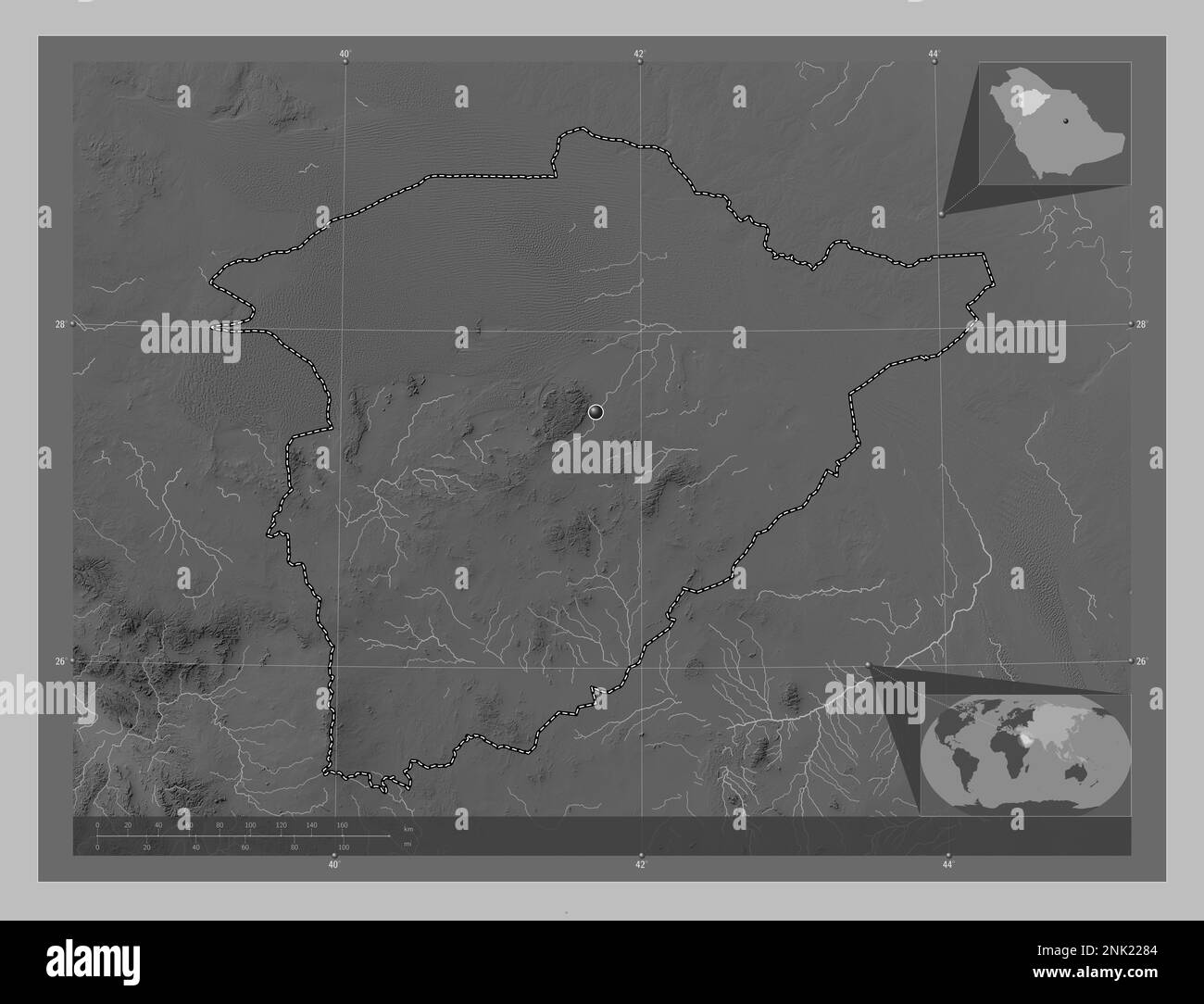 Ha’il, region of Saudi Arabia. Grayscale elevation map with lakes and