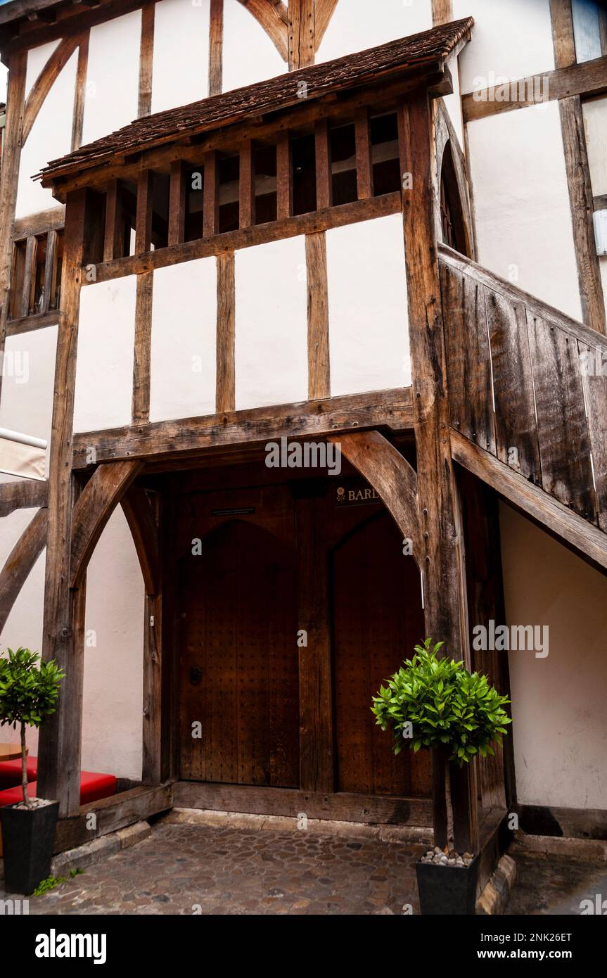 Exterior stairway of Barley Hall in Coffee Yard off Stonegate in York, England is a reconstructed medieval townhouse. Stock Photo