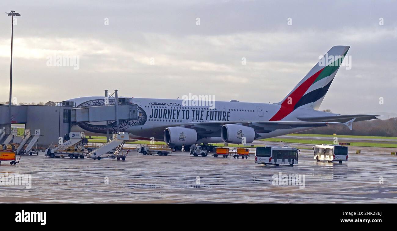 Emirates A380 - Journey to the future at Manchester international airport, North West England, UK, M90 1QX Stock Photo