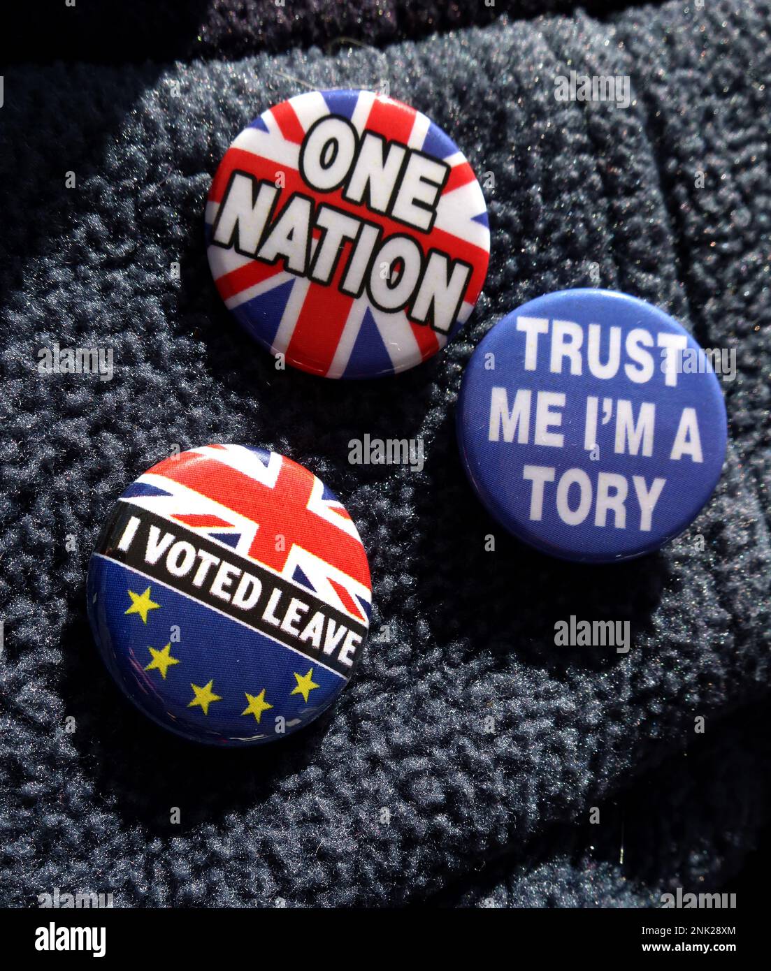 Badges on a Tory voter jacket, will Conservative voters support and trust the Tories at the next general election, even the One Nation fans Stock Photo