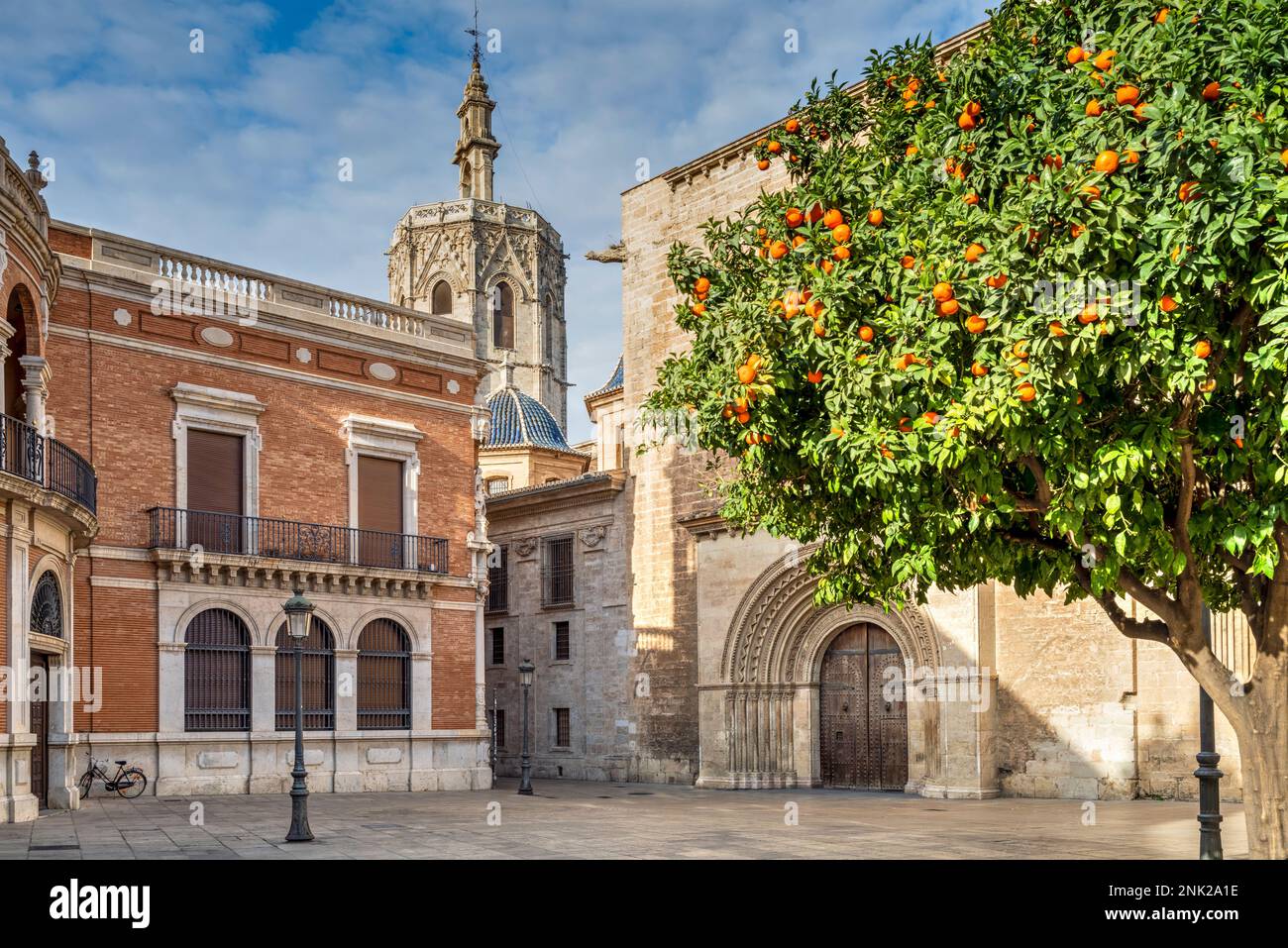 Scenic view of the old town with orange tree, Valencia, Spain Stock Photo
