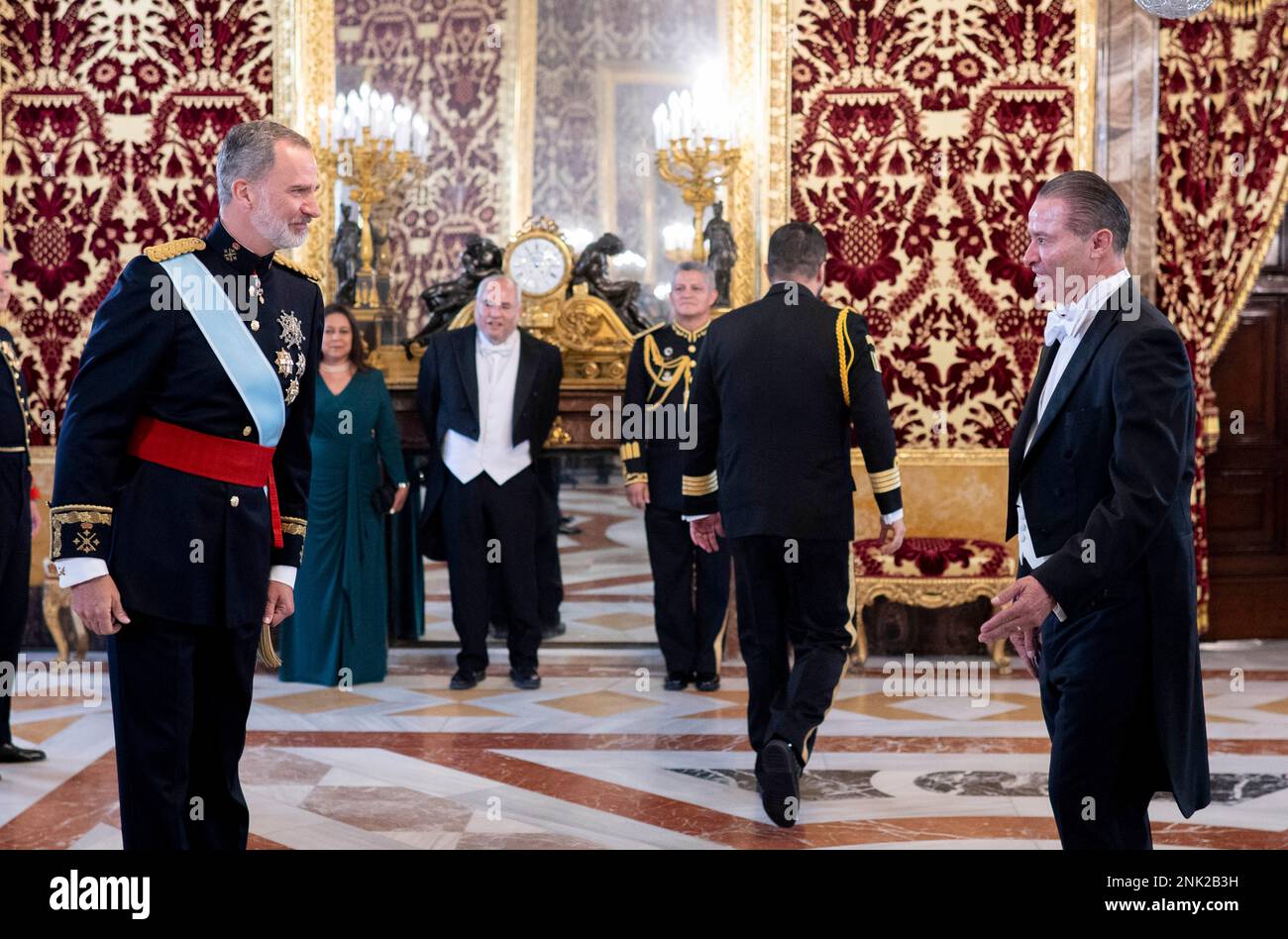 King Felipe VI (l) presides over the presentation of credentials of the  ambassador of the United Mexican States, Quirino Ordaz Coppel (r), at the  Royal Palace, on June 6, 2022, in Madrid,, image size:1300x948