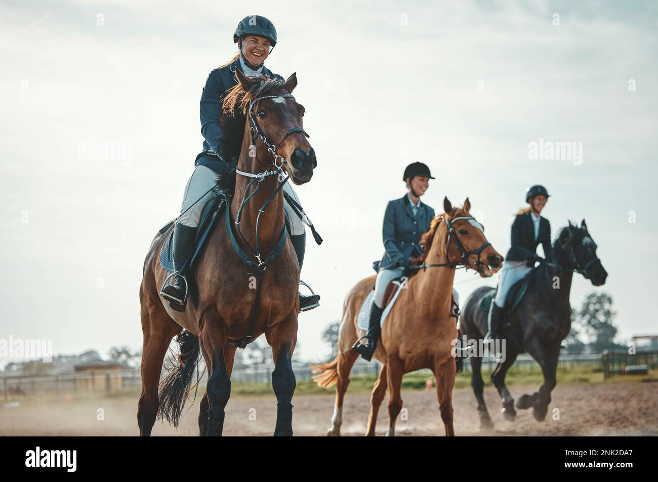 Equestrian, horse riding and sport, women in countryside outdoor with rider  or jockey, recreation and speed. Animal, sports and fitness with athlete  Stock Photo - Alamy