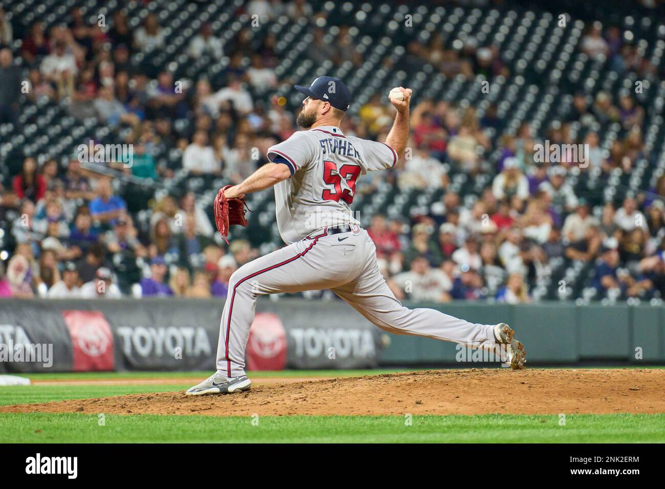 ATLANTA, GA - JULY 22: Atlanta Braves relief pitcher Jackson Stephens (53)  delivers a pitch during the Friday evening MLB game between the Los Angeles  Angels and the Atlanta Braves on July