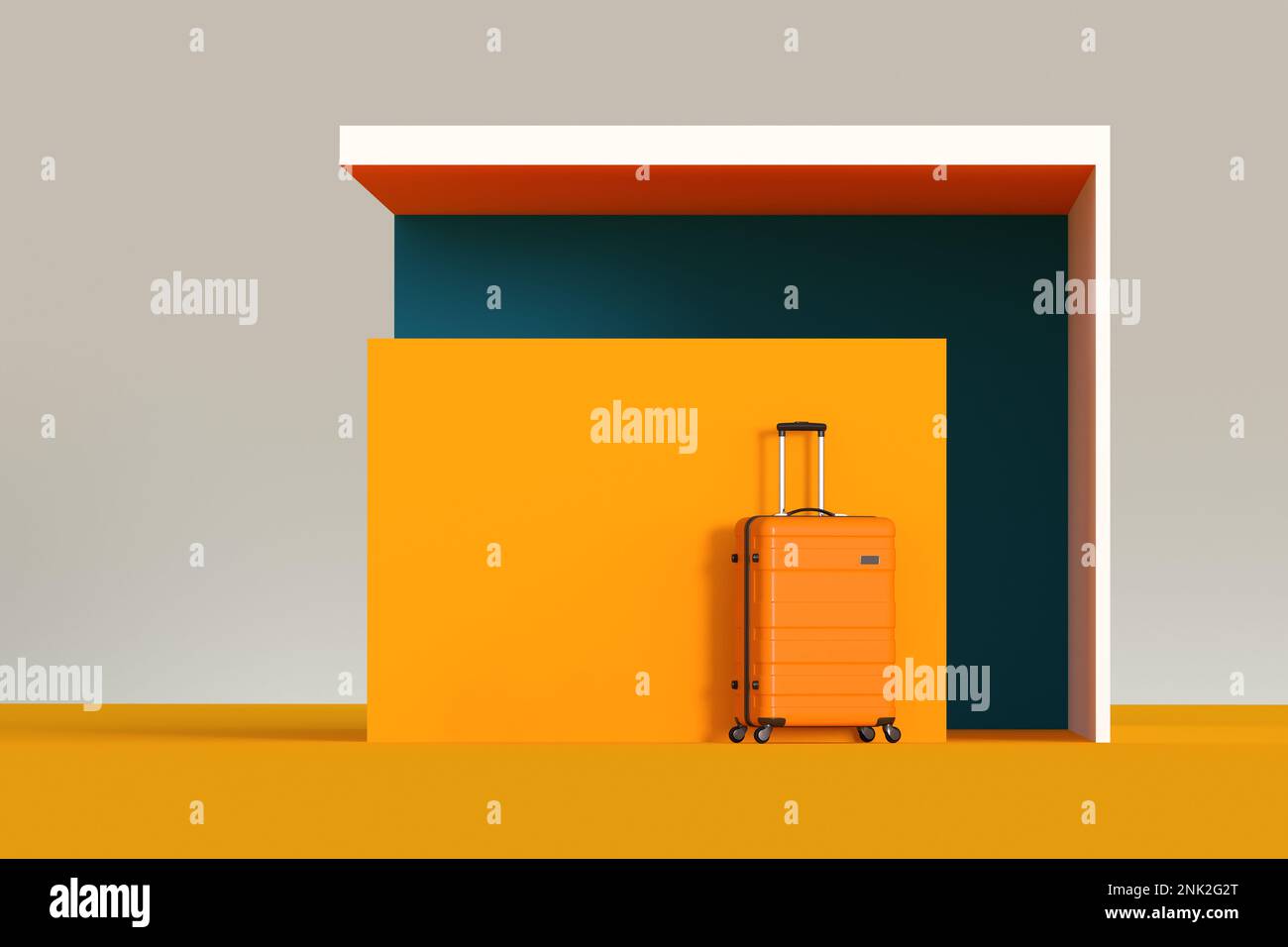 Orange Modern Suitcase in Front of Minimalism Style Architectural Abstract Modern Business Building Exterior on a white background. 3d Rendering Stock Photo
