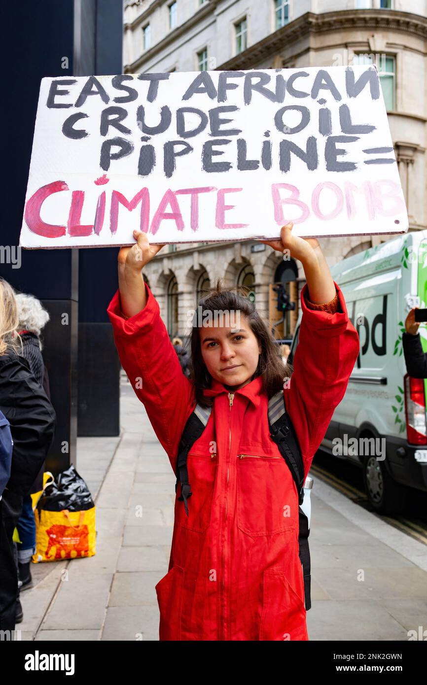 London, England, UK, 23/02/2023, Members of Coal Action join global protests against Insurers Talbot and Cincinnati urging them to stop insuring the East African Crude Oil Pipeline (EACOP) Stock Photo
