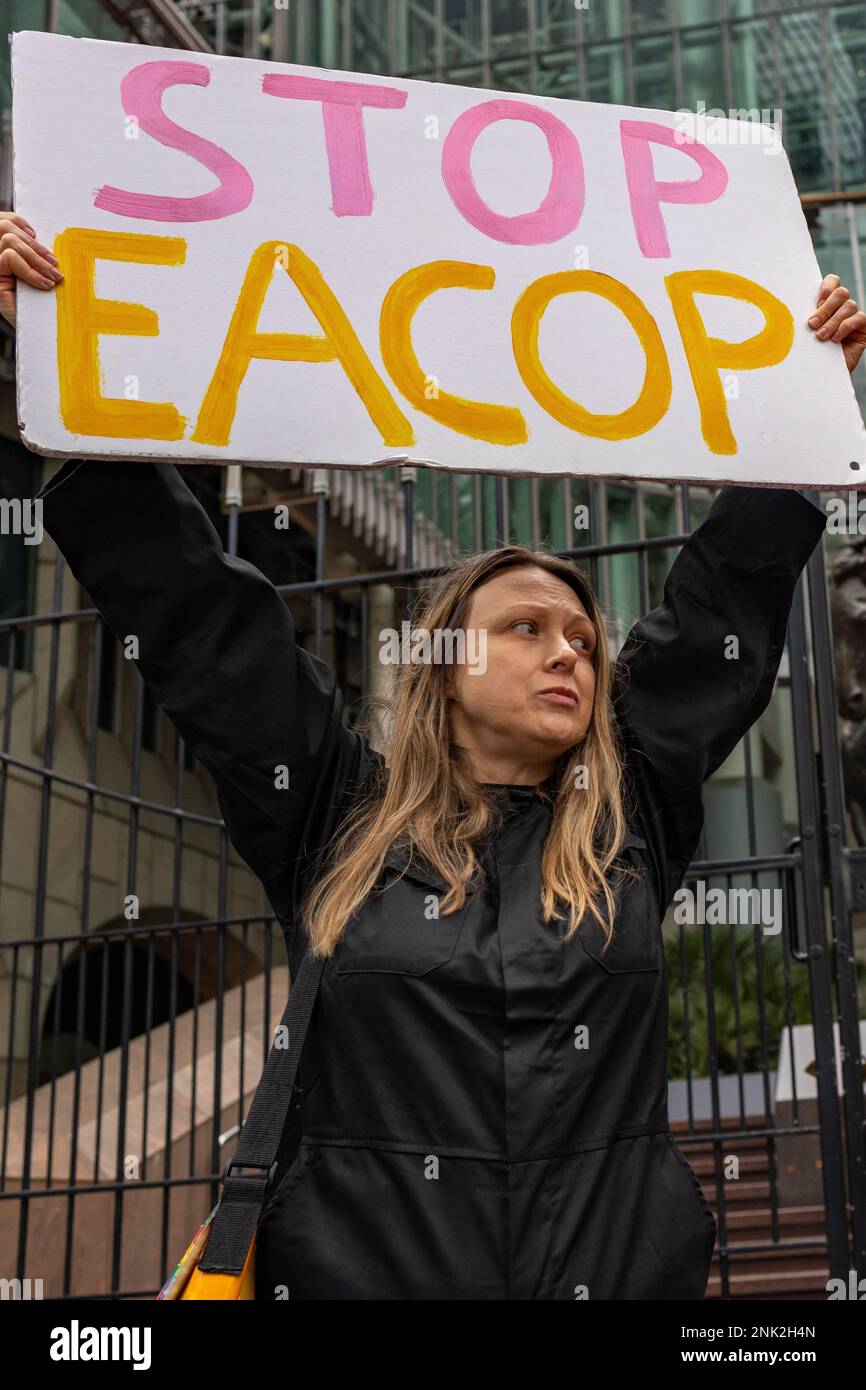 London, England, UK, 23/02/2023, Members of Coal Action join global protests against Insurers Talbot and Cincinnati urging them to stop insuring the East African Crude Oil Pipeline (EACOP) Stock Photo
