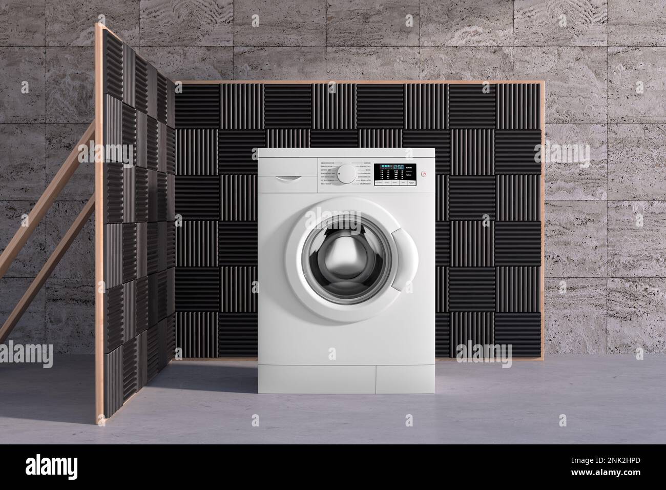 Silent Household Appliances Concept. Modern White Washing Mashine in Room with Dampening Acoustic Foam Panel Walls extreme closeup. 3d Rendering Stock Photo