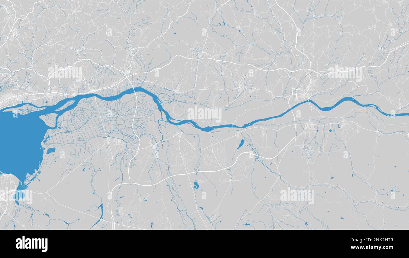 Tagus river map, Portugal. Watercourse, water flow, blue on grey background road map. Vector illustration, detailed silhouette. Stock Vector