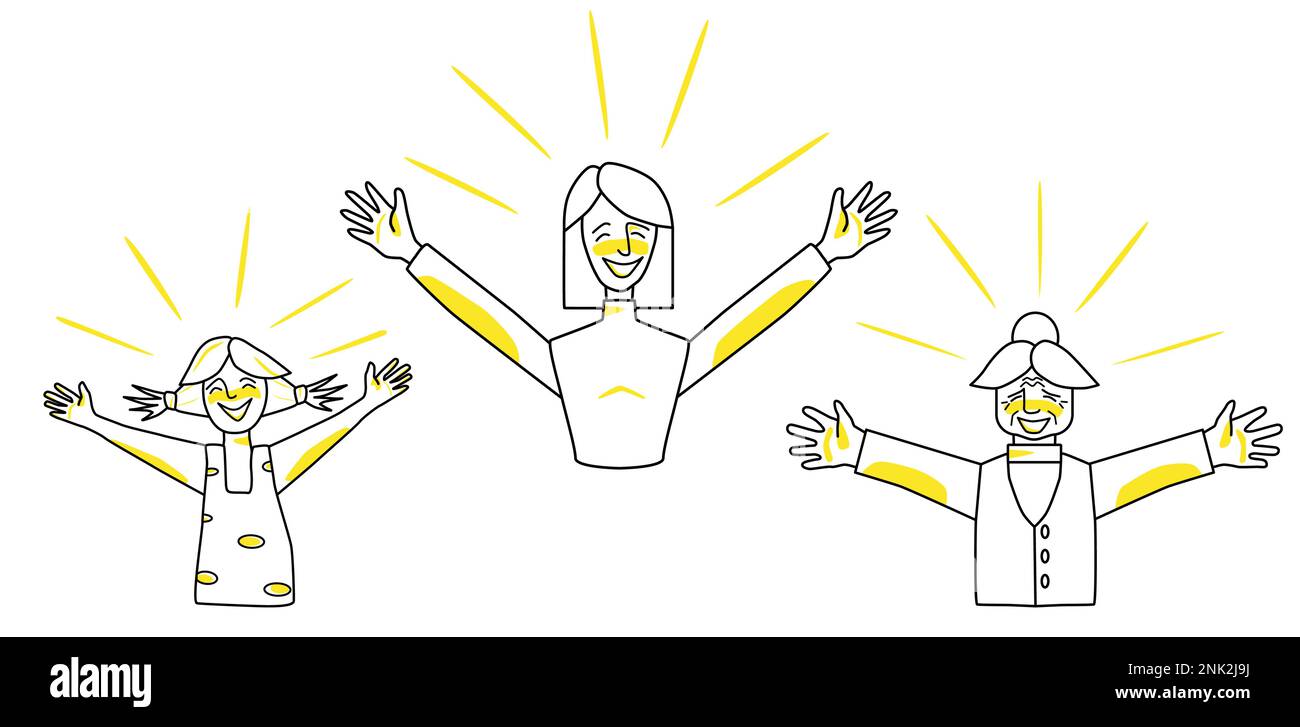 Happy female set. Young, adult and old women with emotion of happiness, smiling, open arms, joyful sun rays. Line art drawing human characters with ye Stock Vector