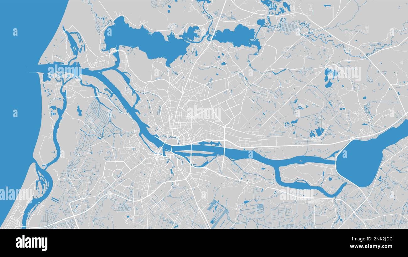 River Daugava map, Riga city, Latvia. Watercourse, water flow, blue on grey background road map. Vector illustration, detailed silhouette. Stock Vector