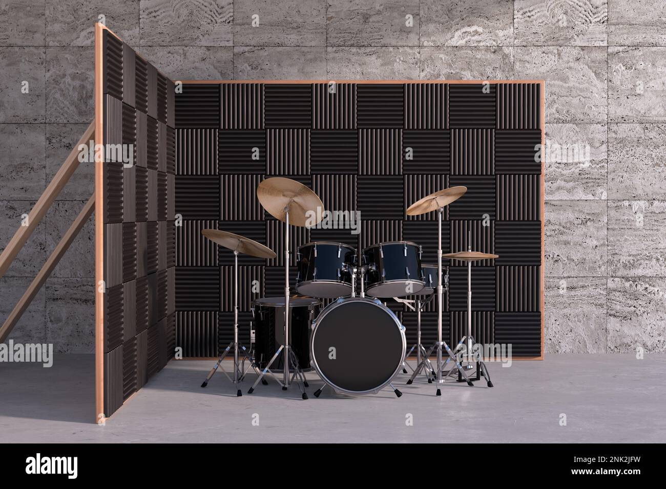 Black Professional Rock Black Drum Kit in Studio Music Recording Room with Dampening Acoustic Foam Panel Walls extreme closeup. 3d Rendering Stock Photo