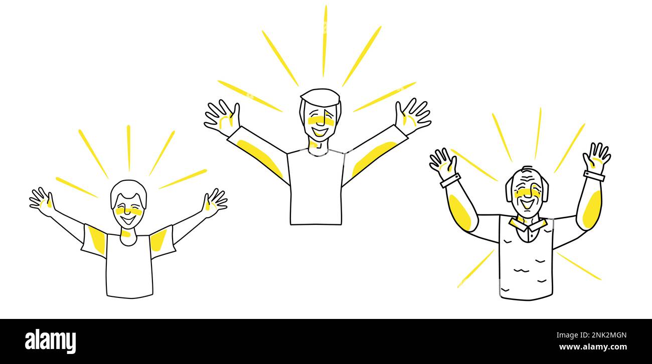 Happy male set. Young, adult and old men with emotion of happiness, smiling, open arms, joyful sun rays. Line art drawing human characters with yellow Stock Vector