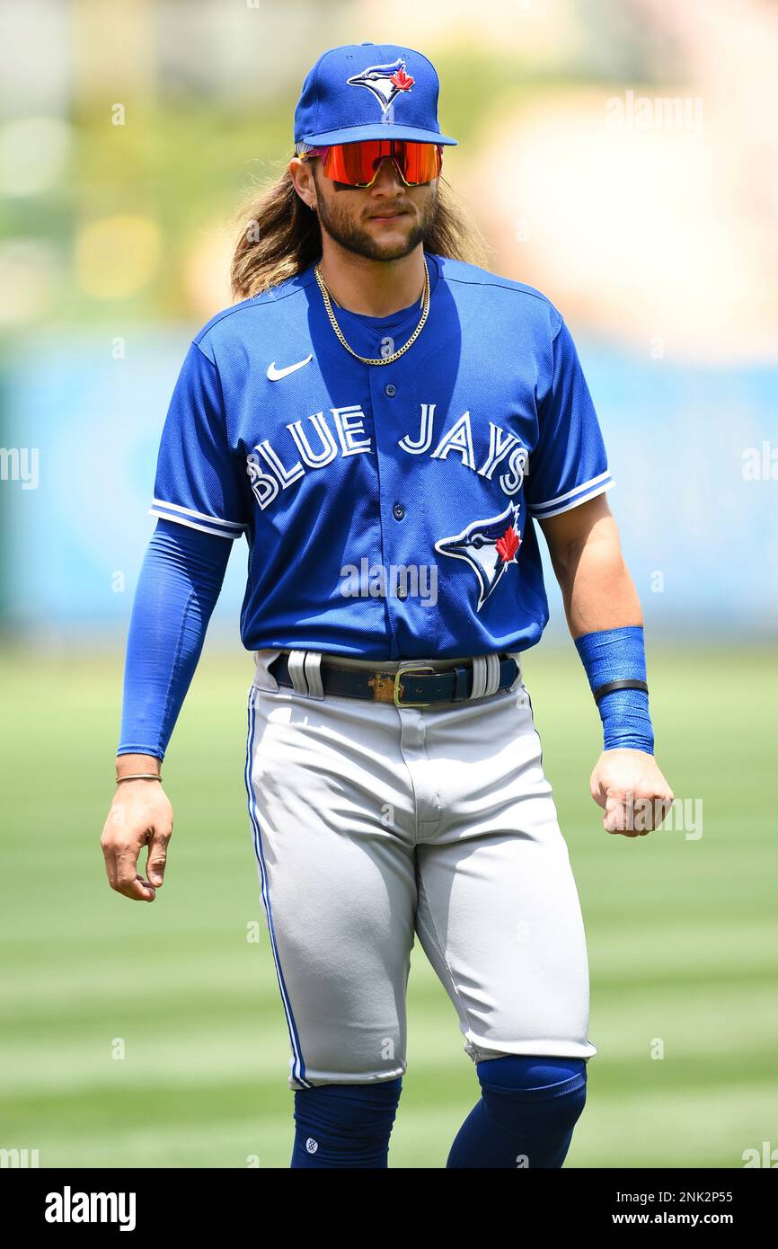 ANAHEIM, CA - MAY 29: Toronto Blue Jays shortstop Bo Bichette (11) at bat  during the MLB game between the Toronto Blue Jays and the Los Angeles  Angels of Anaheim on May