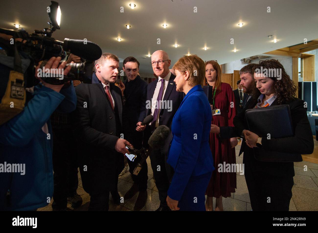 Edinburgh, Scotland, UK. 23rd Feb, 2023. PICTURED: Nicola Sturgeon, First Minister of Scotland seen interviewed by waiting media after she announced she was stepping down along with the new SNP leadership bids. Credit: Colin D Fisher Credit: Colin Fisher/Alamy Live News Stock Photo