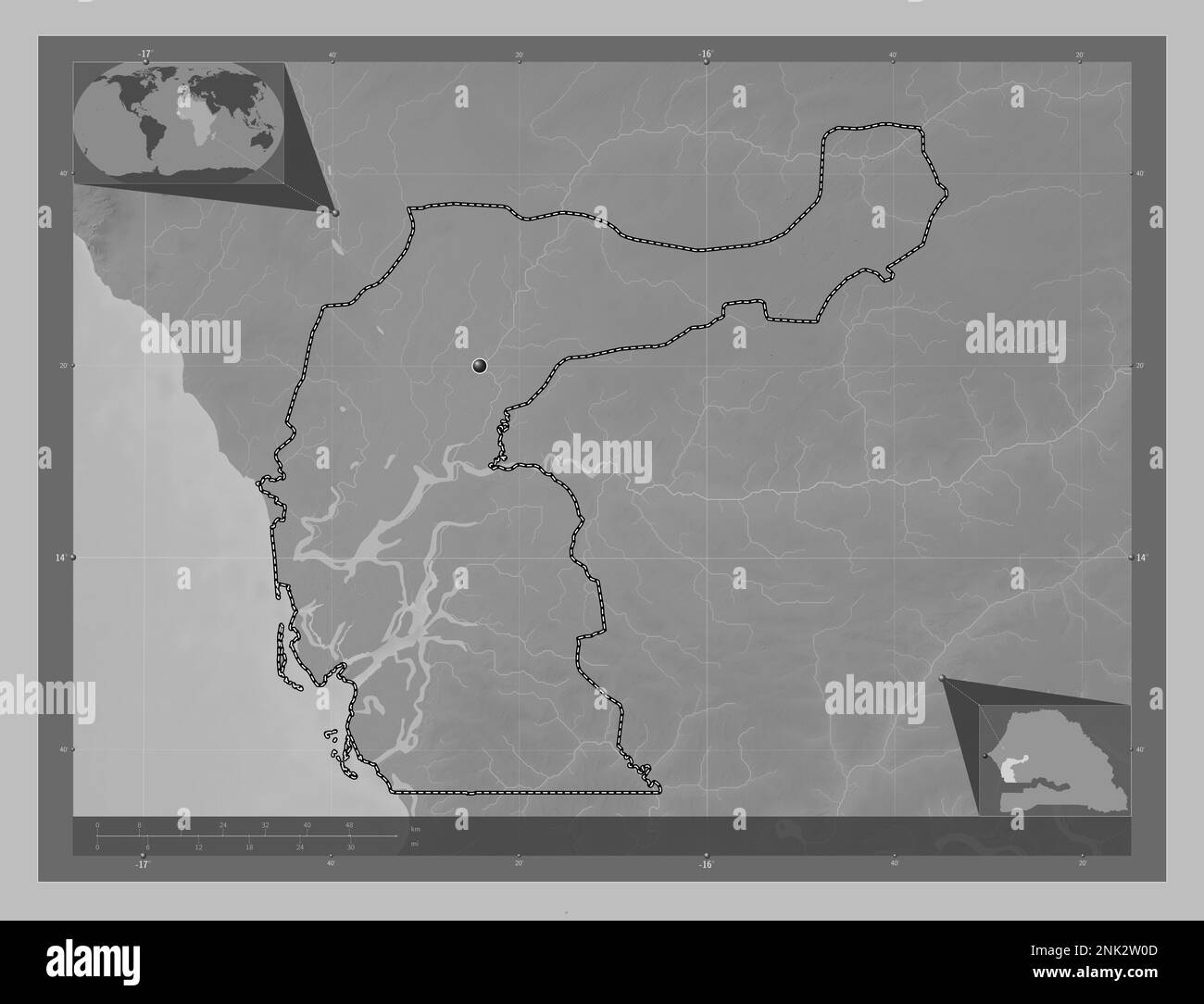 Fatick, region of Senegal. Grayscale elevation map with lakes and ...