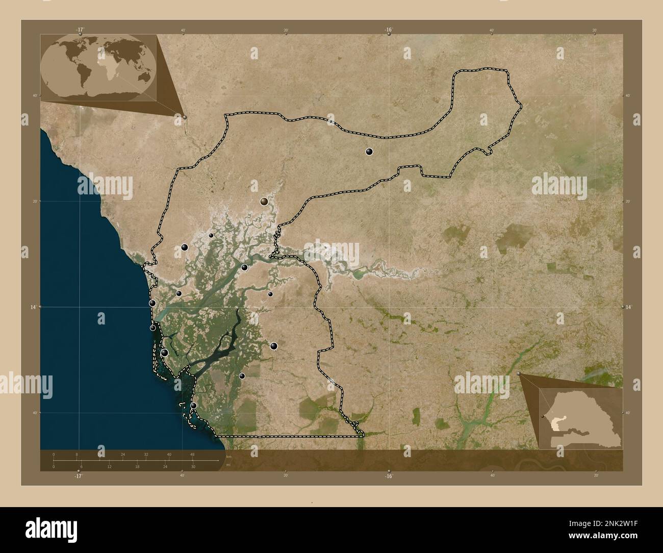 Fatick, region of Senegal. Low resolution satellite map. Locations of ...