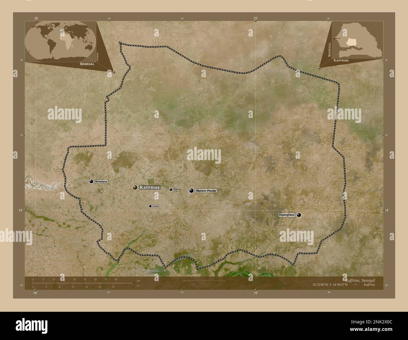 Kaffrine, region of Senegal. Low resolution satellite map. Locations