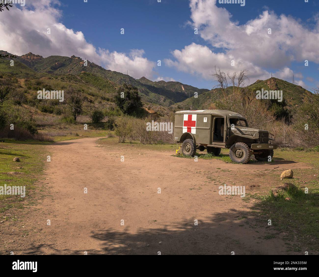 February 22, 2023, Calabasas, CA, USA: An old Army ambulance, used on the tv show MASH, lies abandoned on the old set at Malibu Creek State Park in Ca Stock Photo
