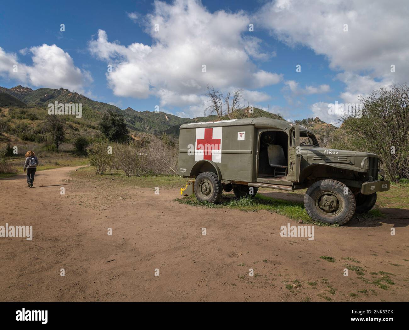 February 22, 2023, Calabasas, CA, USA: An old Army ambulance, used on the tv show MASH, lies abandoned on the old set at Malibu Creek State Park in Ca Stock Photo