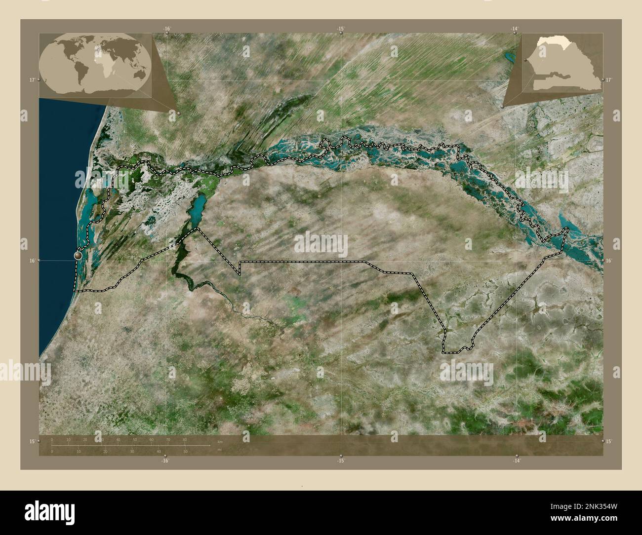 Saint-Louis, region of Senegal. High resolution satellite map. Corner ...