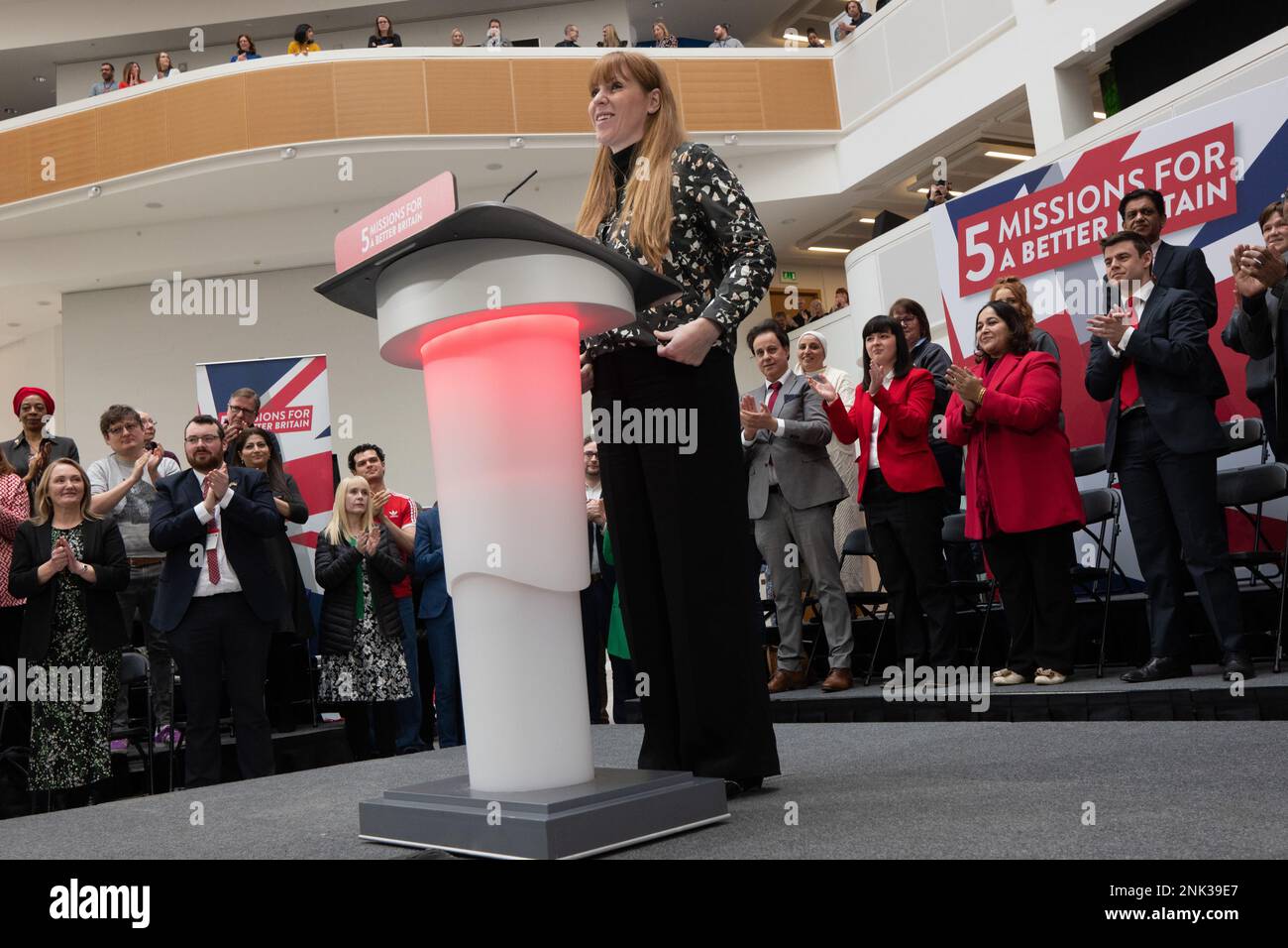 Angela Rayner speaks before Keir Starmer launches five bold missions for a better Britain at 1 Angel Square, Manchester UK. The Labour leader spoke in front of shadow cabinet colleagues and manchester based politicians. He outlined the purpose of missions as. “It means providing a clear set of priorities.  A relentless focus on the things that matter most.” Picture: garyroberts/worldwidefeatures.com Stock Photo