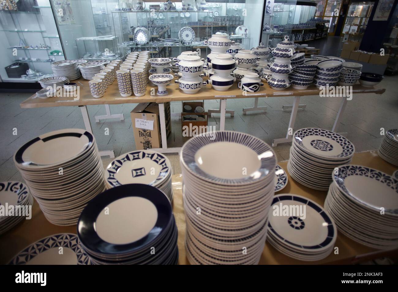 Blue and white tableware pieces exhibited during the first day of these  sales, in the surroundings of the Sargadelos Circular Plant and at the  entrance to the gallery, on February 23, 2023