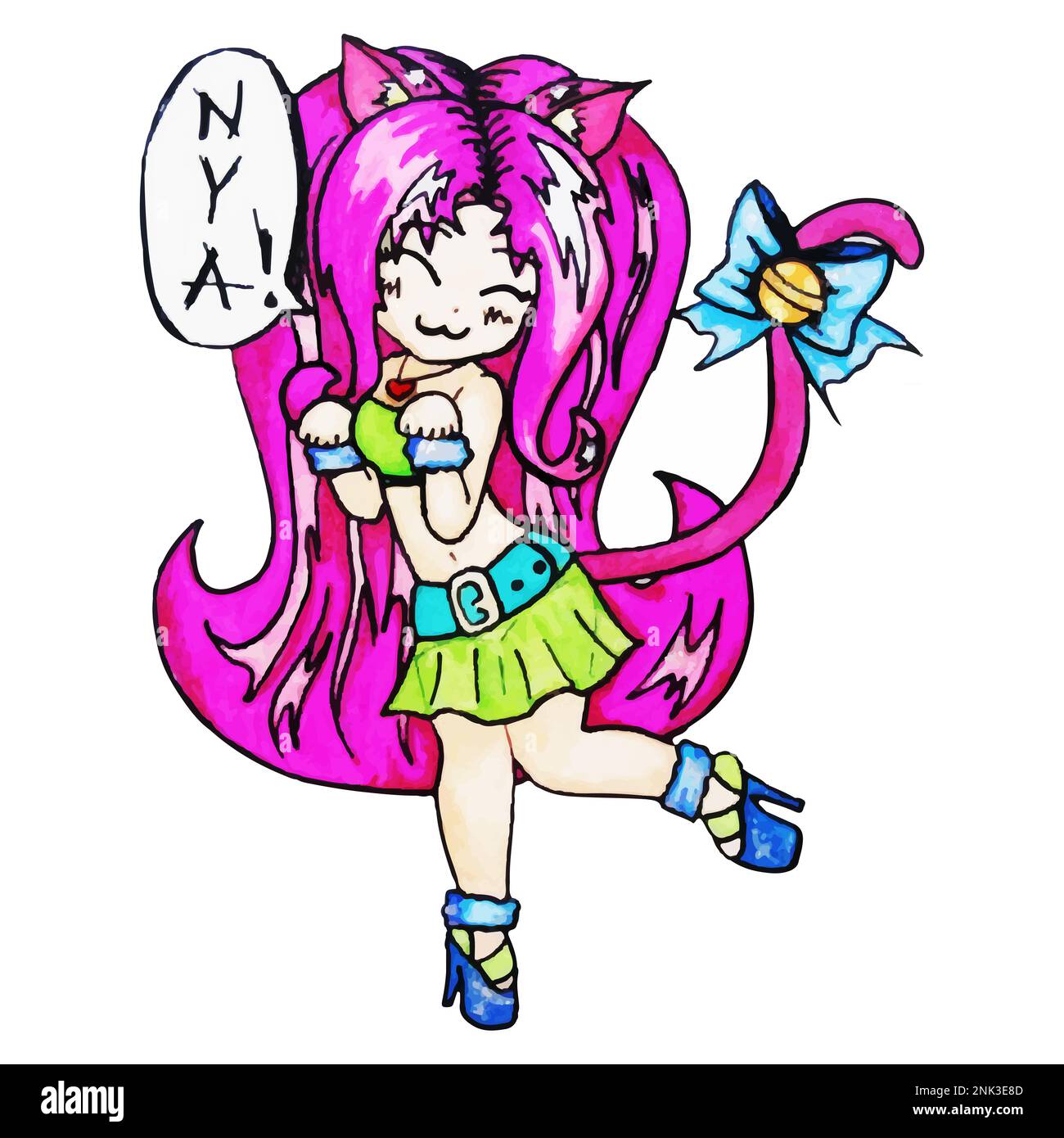 Colorful cat girl anime manga kawaii cartoon vector isolated. Stock Vector